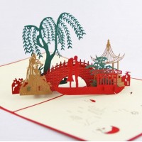 Handmade 3D Pop Up Card Oriental Asian Pavilion Gazebo Garden Willow Lake Boat Couple Bridge Birthday, Wedding Anniversary, Valentines Day